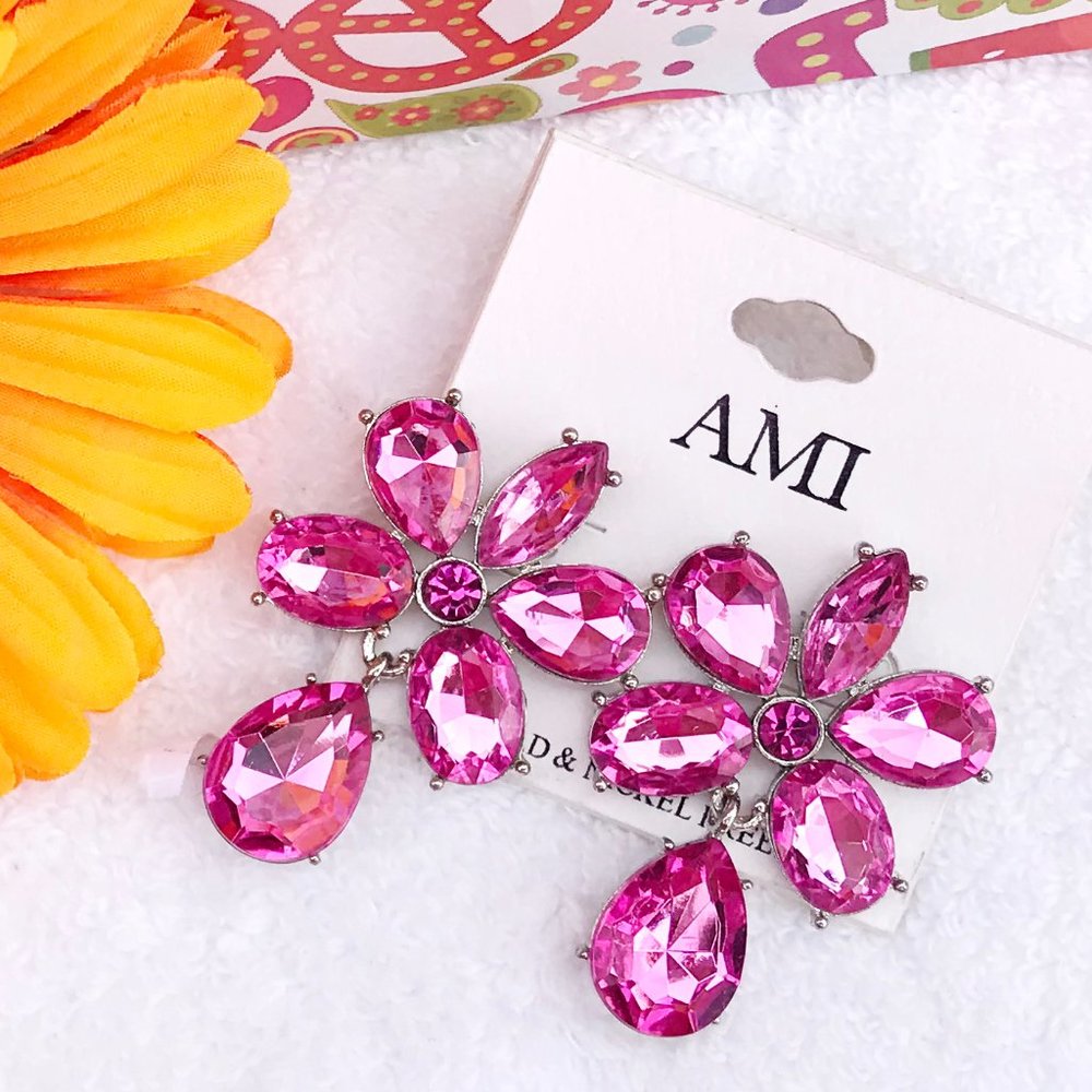 Boho Earrings Pink Rhinestone Crystal Bead Posts
